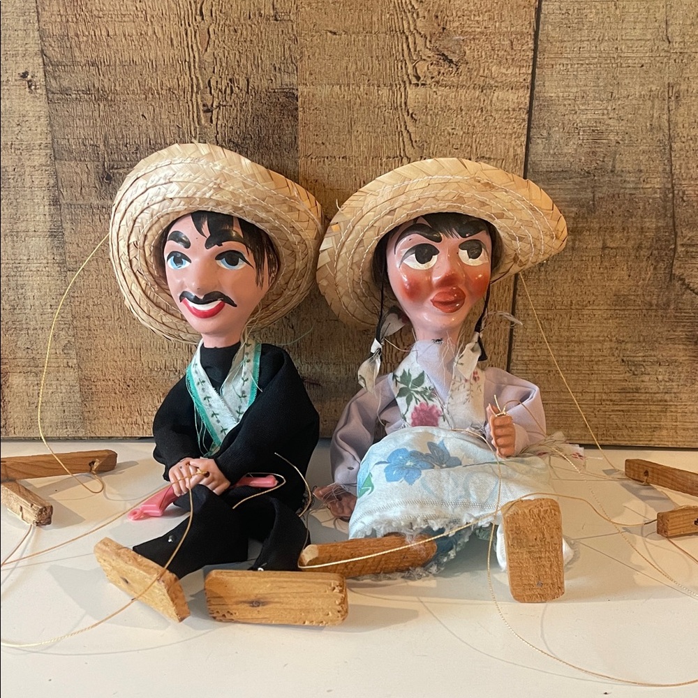 Vintage Pair (2) Of Mexican String Puppet “senorita” & “pistalero” Marionettes